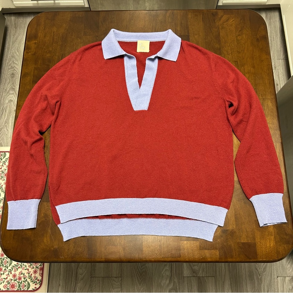 PAULA Fashion Store Cashmere Collared Sweater in Maroon and Blue Size S